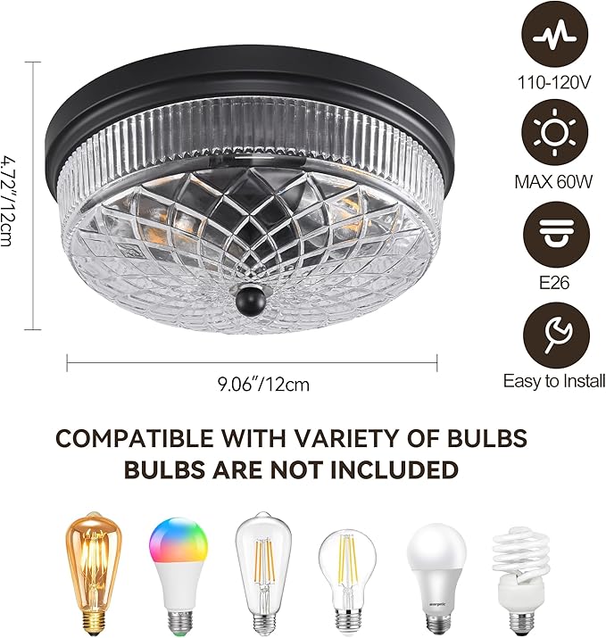 Semi Flush Mount Ceiling Light with Clear Glass Shades,3-Lights Industrial Semi Flush Mount Ceiling Light, 3-Light Industrial Black Light Fixtures Ceiling Mount for Kitchen Living Room Foyer