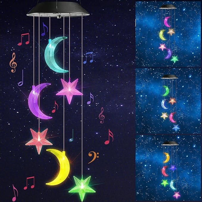 Toodour Solar Wind Chimes, Color Changing Wind Chimes Moon and Star | LED Decorative Mobile, Gift for Mom Grandma, Waterproof Outdoor Moon Star Light for Garden, Patio, Yard, Window Outdoor Decor