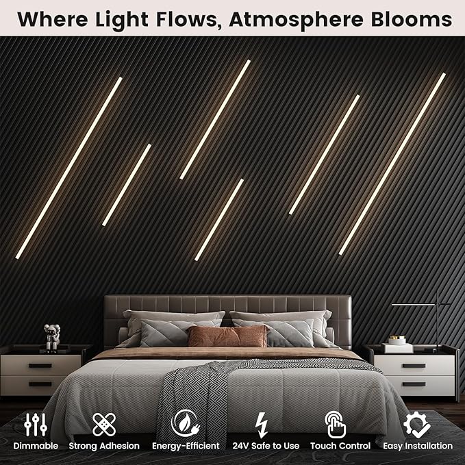Slat Wall Lights - GloryAir 12Pcs Black Self-Adhesive Wall Panel Light Strips, 3000K Warm White Dimmable Smart Touch Switch for Wood Slat, WPC & Acoustic Panel, Living Room, Bedroom & Stair Decor