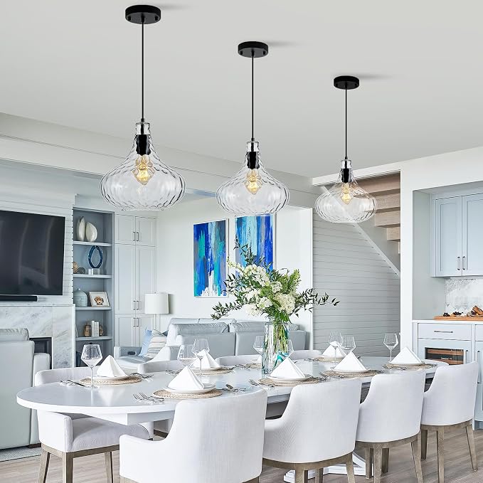 11 Inch Hammered Glass Pendant Light Black Farmhouse Ceiling Lamp | Diffuse soft lighting, adjustable hanging cord, E26 base, perfect decorative fixture over sink kitchen island & dining space