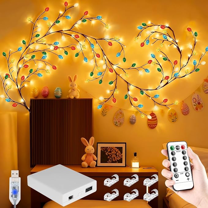 7.5FT 144LED Easter Egg Tree Branch Lights for Wall Decor, USB Battery Box | USB Easter Egg Enchanted Tree Branch Lights for Easter Wall Decor with Remote Timer,8 Light Model USB Battery Box