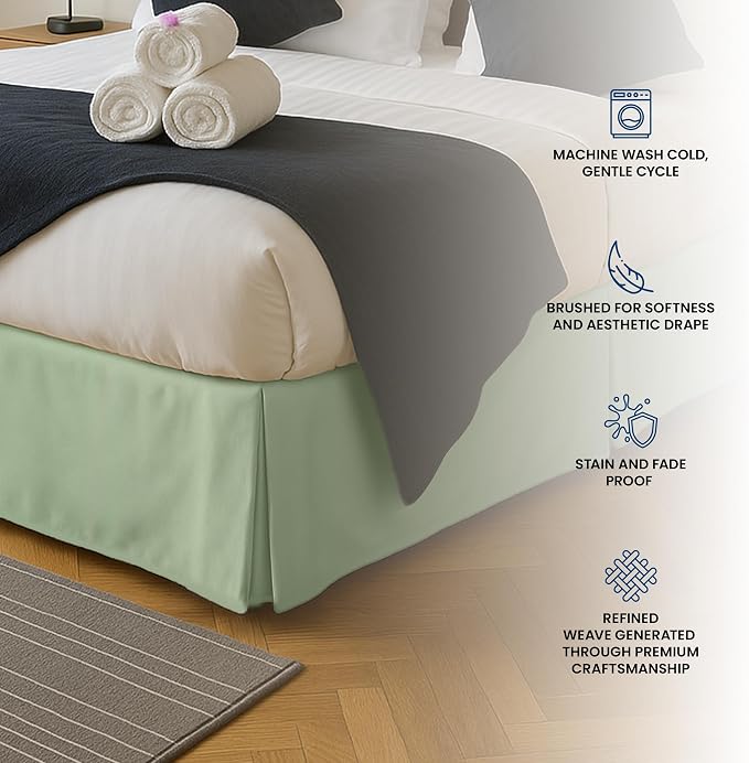 King Bed Skirt, Hides Under-Bed Storage 16 Inch Drop, Pleated, Sage | Easy Fit Design, Shrinkage & Fade Resistant, Hotel Style, Microfiber Durable Fabric, Machine Washable