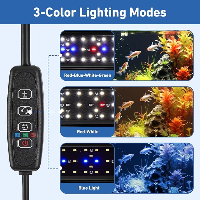 LED Aquarium Light for 12–18 Inch Fish Tanks – Timer with Auto On/Off, 10-Level Brightness, White/Blue/Red+White Modes, Extendable Brackets & Hanging Design (Rope Not Included) (12-18inch)