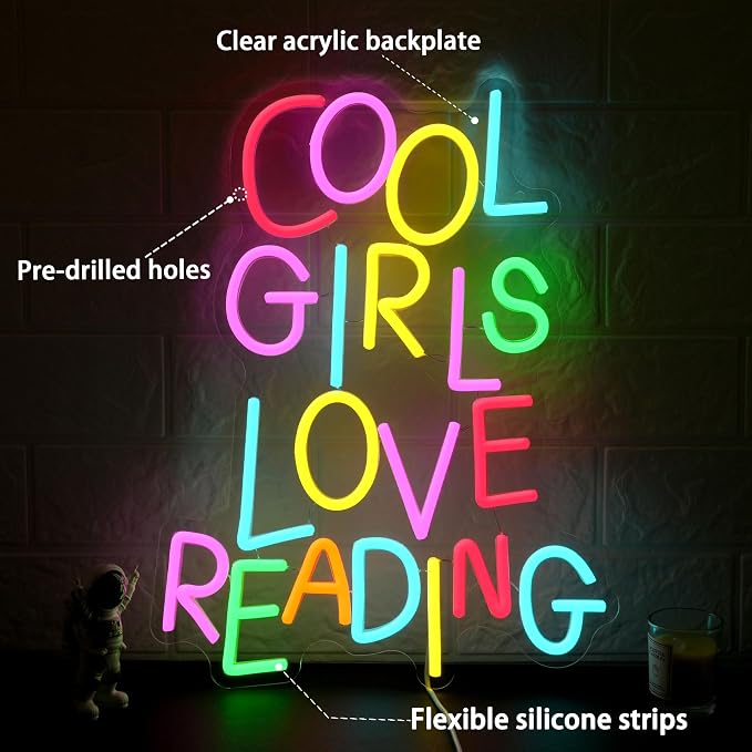 Cool Girls Love Reading Neon Sign USB Powered Reading Book Neon Light for Wall Decor Colorful Letter Light Up Sign for Classroom Reading Room Bookstore Kids Room Library (16.54 * 12.6)