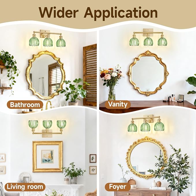 Bathroom Light Fixtures Over Mirror,3 Light Vintage Bathroom Vanity Lights,20 in Brushed Brass Antique Vanity Light with Green Tulip Glass Shade for Bedroom, Living Room, Foyer,E26 Base