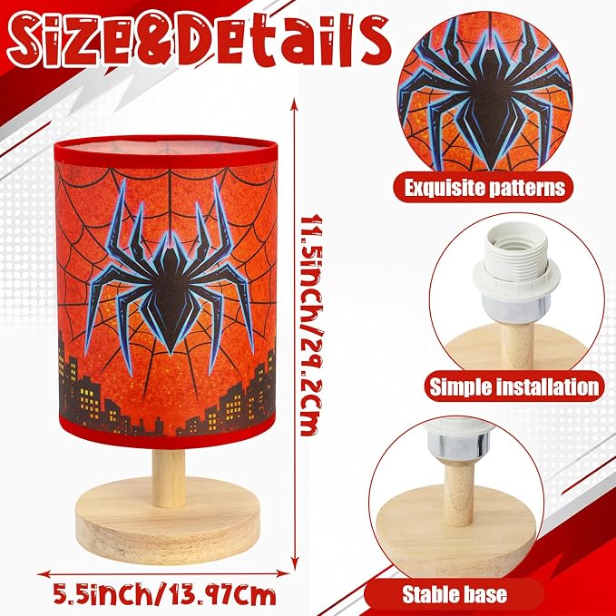 Spider Table Lamp for Boys - Spider Night Light & Bedroom Bedside Lamp with Linen Lampshade and Wooden Stand, Cartoon Nursery Lamp for Desk, Home Decor