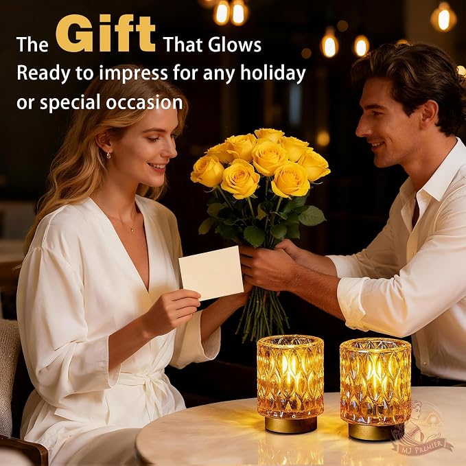 Battery Operated Table Lamp Timer, Small Cordless Lamps Decorative, 2 Amber | Mini Crystal Lamp for Area No Plug, LED Battery Powered Lamps Wireless, Glass Accent Light for Bathroom Fireplace Shelf Decor