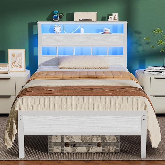 Twin Bed Frames with Storage Headboard, Charger & RGB LED, White | 2-Tier Shelves, Sturdy Metal Slats, Noise-Free, No Box Spring. USB & Type-C Ports, 700lbs Capacity. 12.6" Under-Bed Storage.