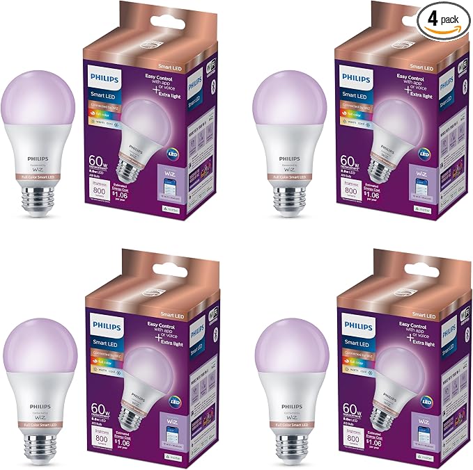 PHILIPS Smart LED Full Color Light Bulb 4-Pack, A19 60W 800LM E26 Indoor, Sunset to Sunrise Automation + Motion Detection + Control with Voice or App, Matter Compatible