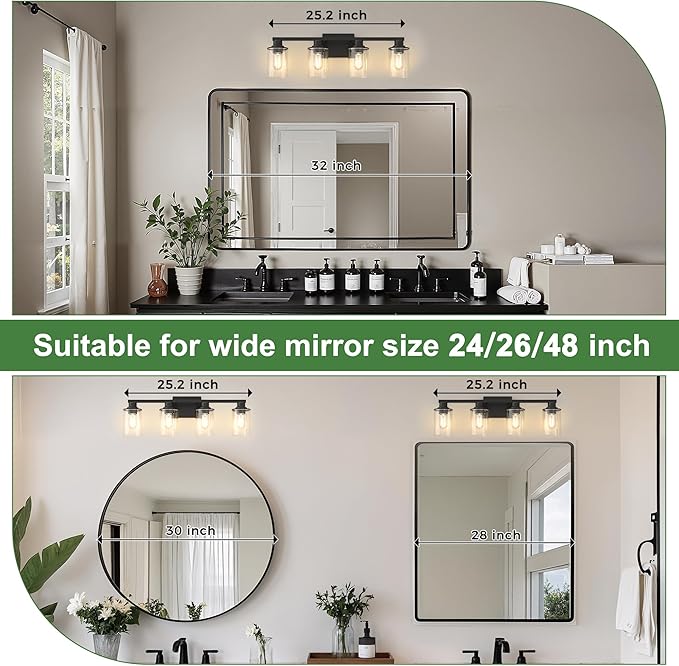DORESshop 4-Light Vanity Light Fixtures, Black with Gold Trim Bathroom Light Fixtures Over Mirror with Clear Glass Shade, Modern Vanity Lights for Living Room Bedroom