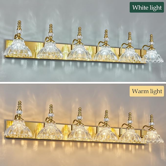 Vintage Bathroom Vanity Light, 6-Light Gold Vanity Lighting Fixture with Flower Glass Shade, Bathroom Lighting Fixtures Over Mirror
