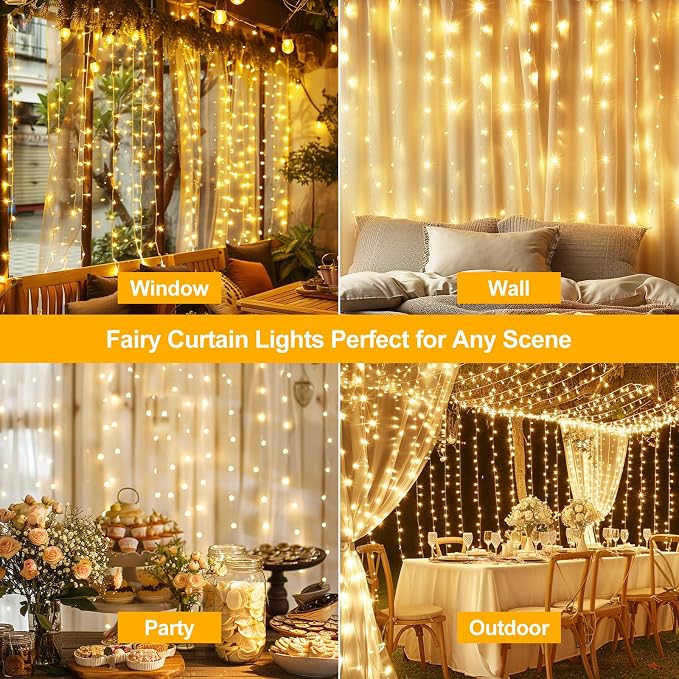 Fairy Curtain Lights Upgraded Tangle-Free Warm White USB Plug in 8 Modes String Hanging Lights with Remote for Christmas, Bedroom, Indoor, Outdoor, Weddings, Party (10FTx10FT)