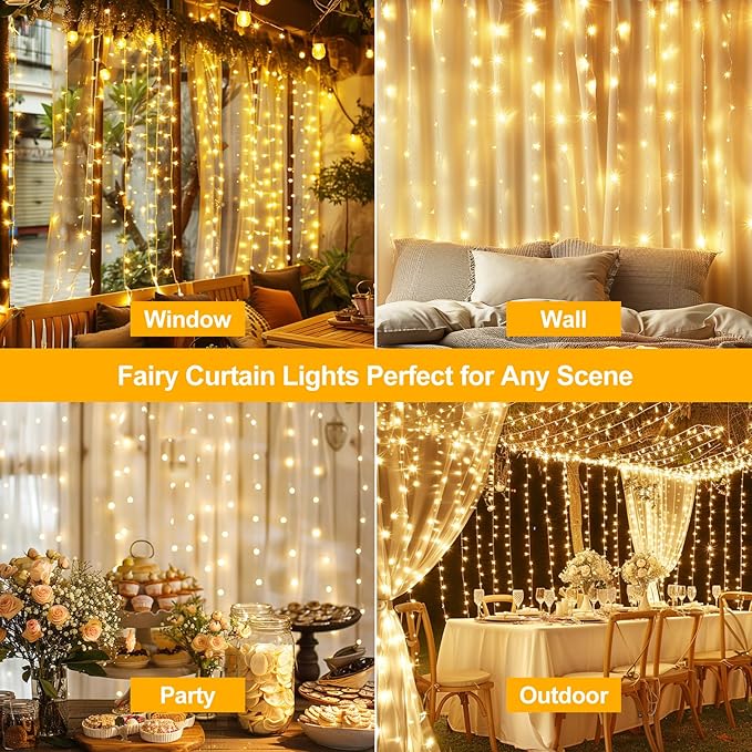 2 Pack 300 LED Fairy Curtain Lights, 9.8 x 9.8FT Warm White USB Plug in 8 Modes String Hanging Lights with Remote for Christmas, Bedroom, Indoor, Outdoor, Weddings, Party (Warm White)