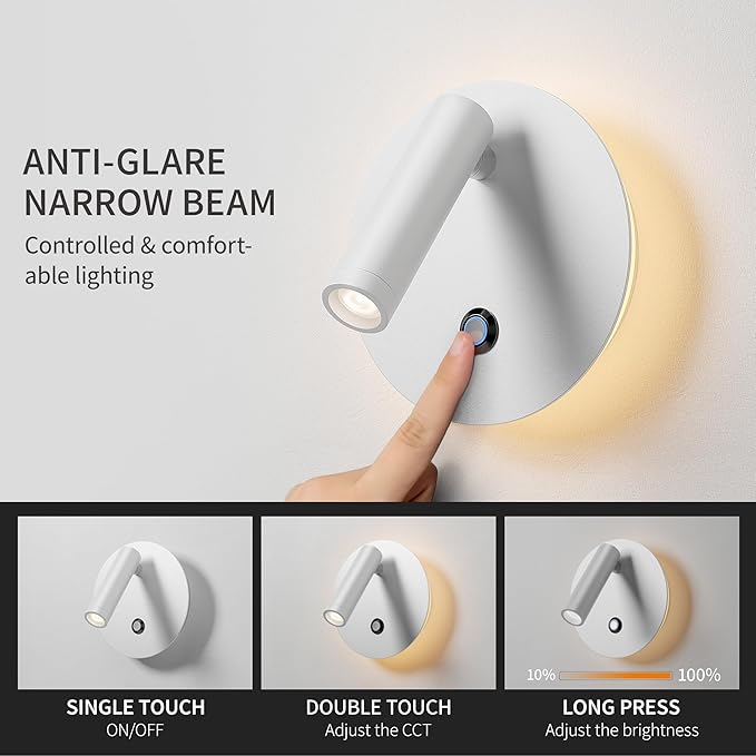 Aisilan Modern Wall Sconce with Touch Switch, Dimmable 6W Adjustable Wall Lamp, Dual-Mode Hardwired Bedside Light, White Wall Mounted Lighting for Bedroom, Living Room & Hallway