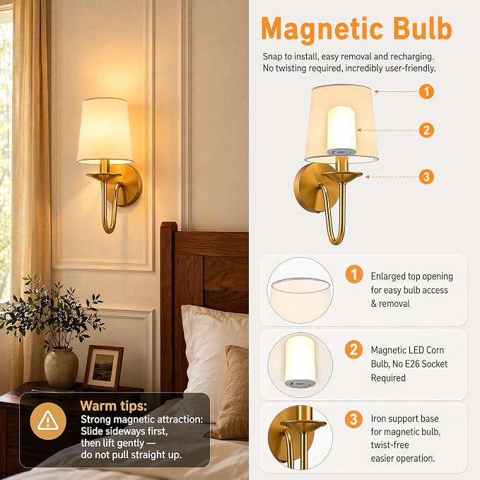 Rechargeable Wall Sconces Set of 2, 10000mAh Magnetic LED Bulb Wall Lights, 9 RGB Colors 3 CCT Dimmable, Battery Operated Cordless Wall Scone Lamp for Bedroom Living Room Home Decor