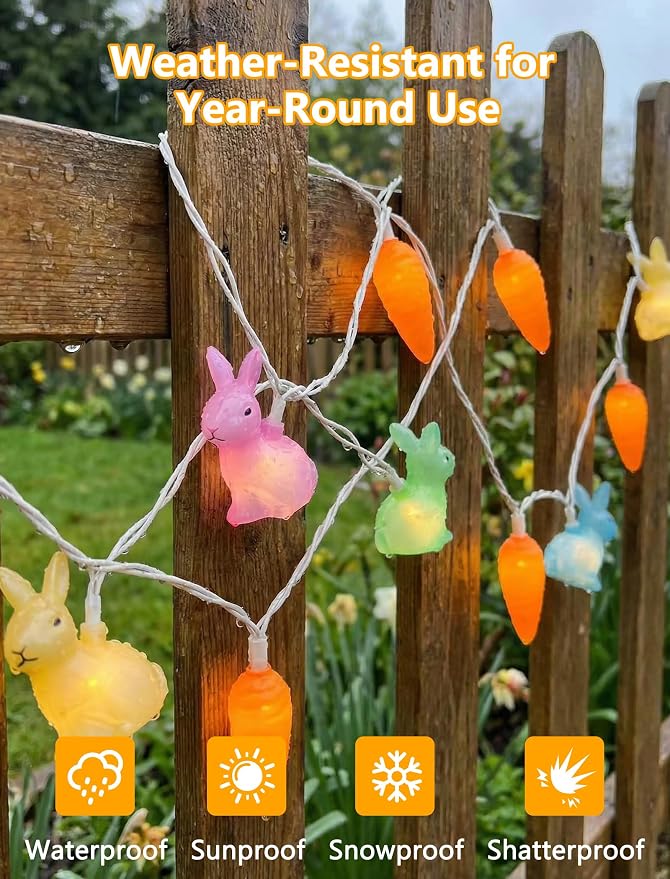 10 LED Bunny Carrot Camping String Lights, 8.5Ft Easter Decoration Outdoor | Shatterproof, Plug in Rabbit Lights Indoor, Connectable, Multicolor Fairy Lights for Party Garden Home Summer Decor for Kids