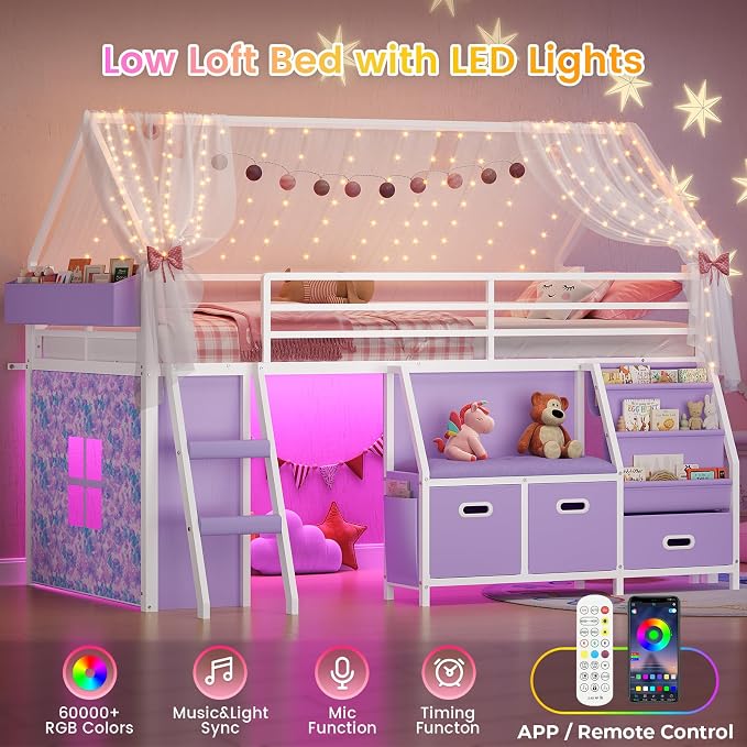 ADORNEVE Low Loft Bed Twin Size with Bookshelf, Reading Nook & 3 Drawers | Purple Kids Loft Bed, LED Light, Storage Drawers, Under-Bed Play Space,Safety Guardrail, Inclined Ladde, Play Curtain