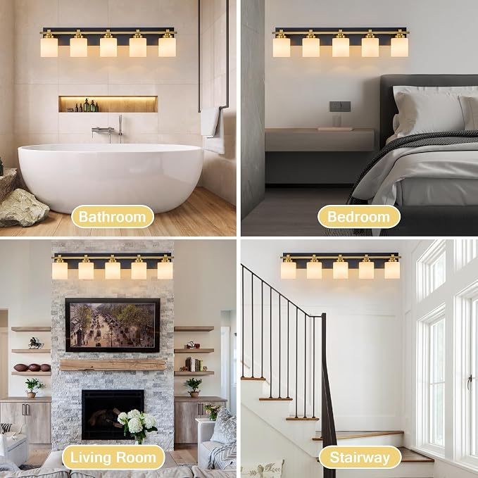 Modern Bathroom Light Fixtures Over Mirror, Vanity Lights for Bathroom Wall Sconces with Milky White Glass Shades, E26 Socket (Bulbs Not Included), 5 Light, Black Gold