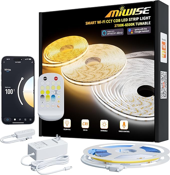 MIWISE COB LED Strip Light White LED Tape Lights 2700K-6500K 24V Color Changing Dimmable 6.56ft UL-Listed Super Bright with Remote & APP Control for Under Cabinets,Bedroom,Mirror,TV DIY Lighting