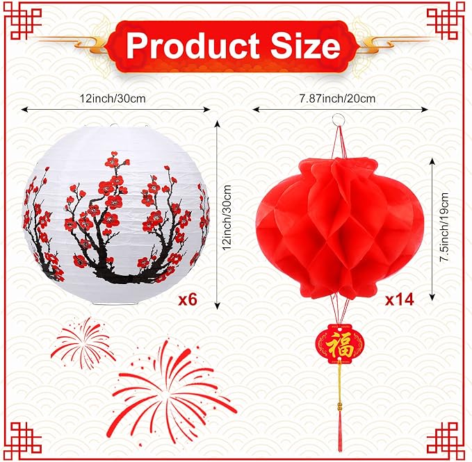 Mudder 20 Pack Chinese Japanese Paper Lanterns, Red Sakura Cherry Blossom Hanging Lantern Decorations, Asian Theme Party Supplies for Birthday Wedding Restaurant Home Decor, Traditional Style