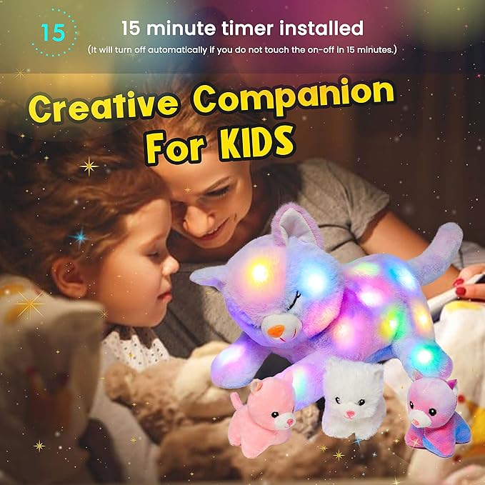 Hopearl LED Plush Cat Lighting Up Stuffed Mommy Cat with 3 Baby Kittens in her Tummy Stuffed Animal Playset Night Lights Glow in The Dark for Mom Kids Toddler Girls, Rainbow, 18''