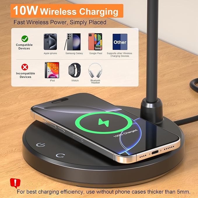 LED Desk Lamp for Home Office with Wireless Charger, Black | 3 Color Modes Dimmable Eye-Caring Study Reading Dorm Desk Lamp, 360° Flexible Arm Table Lamp for College Dorm Room, 800 Lumen
