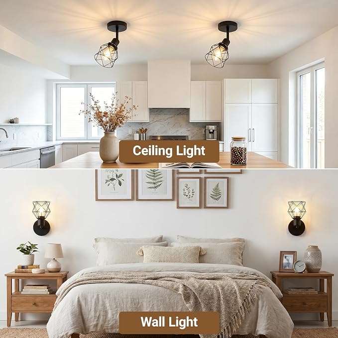 LOUSACE Black Track Lighting Fixture, 1-Light Adjustable Spot Light Fixture with Metal Wire Cage for Ceiling Bedroom Bedside Hallway, E26 Base