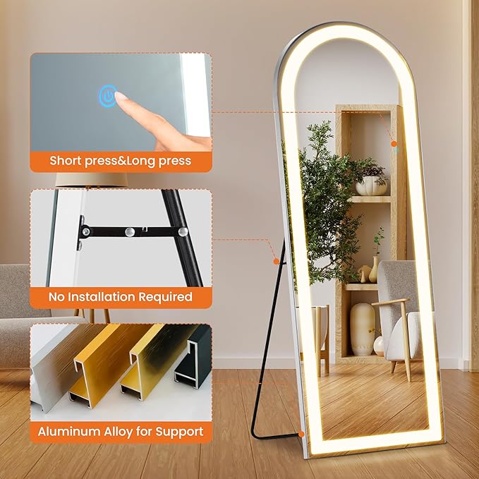 Alpen 71x26 Inches Arched LED Full Length Mirror, Floor Mirror with Stand | 3 Color Lighting, Free Standing Floor Mirrors, Lighted Full Body Mirrors for Bedroom, Dressing Room, Cloakroom