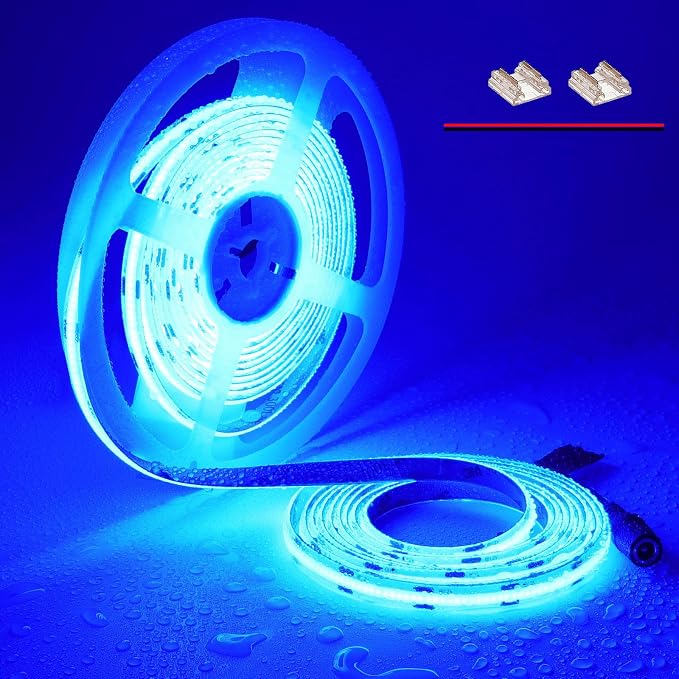 TOPAI 12V COB LED Strip Blue 16.4ft Dotless Outdoor IP65 Waterproof | High Density 480LEDs/M, Cuttable, Flexible, Self Adhesive Easy Install for Bar counter, Liquor cabinet
