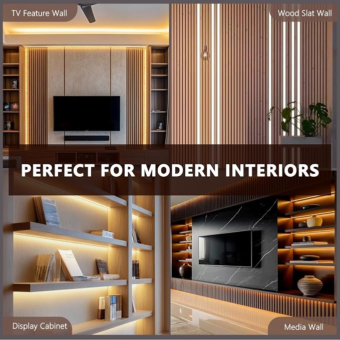 VST 16.4ft Silicone Recessed LED Strip for Wood Slat Wall Panels, 24V | 2700K-6500K Tunable White, CRI 90+ Dot-Free, RF Remote & Touch Control, Cut-to-Fit, Quick Connectors, Dual Mount