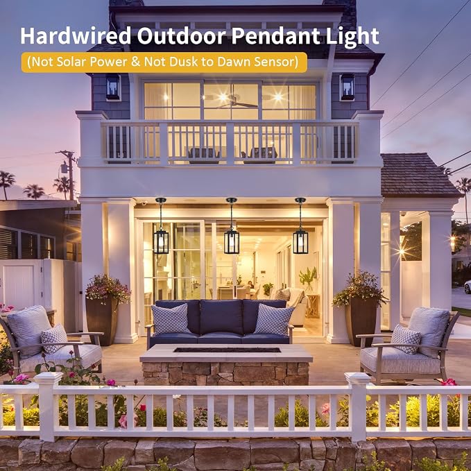 11'' Outdoor Pendant Lights for Porch, Outside Chandelier Hanging Lantern | 1 Pack Black Outdoor Ceiling Light with Clear Glass, Modern Exterior Pendant Lighting Fixture for Porch, Yard (No Sensor)