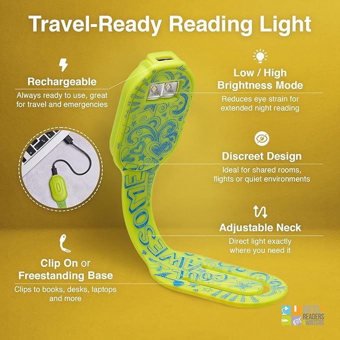 Gifts for Readers & Writers Rechargeable Book Light, Clip On Reading Light for Bed, 2in1 Flexilight & Bookmark, 12 Hours of Light Once Charged, Includes USB Cable & 2 LED Lights, Awesome