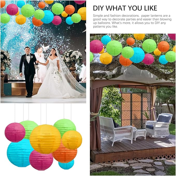 20Pcs Colorful Paper Lanterns for Parties, 6” 8” 10” 12” Chinese Asian Hanging Round Paper Lanterns for Birthday Wedding Halloween Christmas Home Decor Party Decor