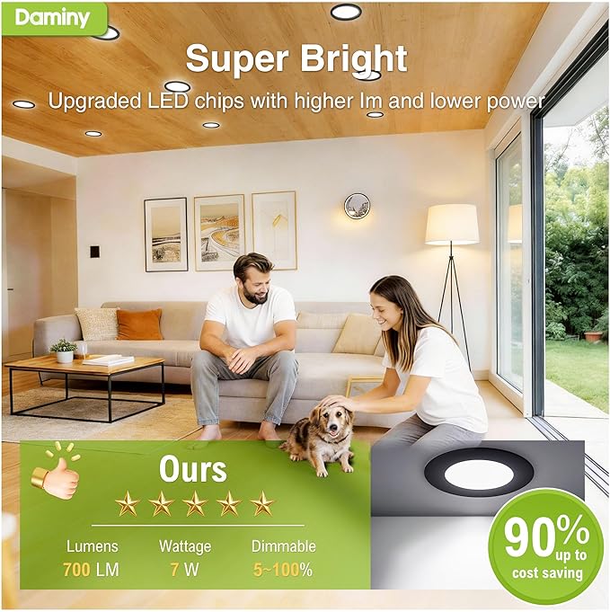 DAMINY 24 Pack 4 Inch Black LED Recessed Lighting with Junction Box,5CCT,Ultra-Thin Recessed Light,7W 700LM, Dimmable Canless Wafer Ceiling Light, High Brightness