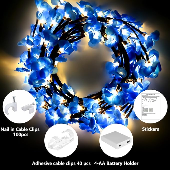 4FT 48LED Blue Cherry Blossom Tree Branch Lights for Wall, USB Battery Box | USB Blue Cherry Enchanted Willow Vine Lights with Remote Timer,8 Light Model, Indoor Bedroom Wall Doors Wedding, Christmas