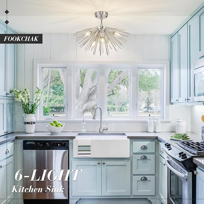 Nickel Sputnik Chandelier 6-Light Starburst Chandelier Ceiling Light Mid Century Modern Satellite Light Fixture Solid Metal Urchin Chandeliers for Entry Dining Room Kitchen Sink Bathtub