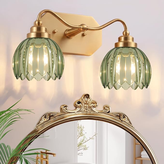 Vintage Gold Vanity Lights, 2-Light Green Tulip, Antique Brass Finish | Brushed Gold Bathroom Light Fixtures, Crystal Wall Sconce Ideal for Bedroom, Living Room, E26 Compatible, Easy Install