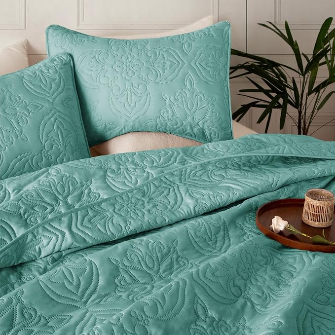 Whale Flotilla King Quilt Bedding Set Vintage Damask Reversible Bedspread | Suitable for Bed, 3 Pieces Turquoise Green Lightweight Breathable Quilt King Size, Ultrasonic Coverlet with 2 Pillow Shams