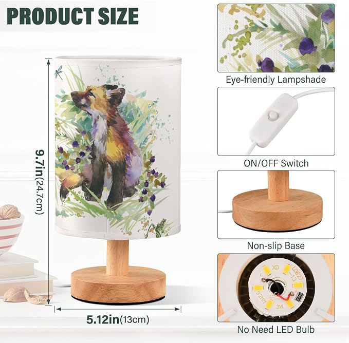 Table Lamp Fox Animal Dragonfly Frog in Floral Grass Woodland Nightstand Lamp with Wood Base Fabric Lamp Shade Bedside Desk Lamp for Living Room Bedroom Kids Room Office