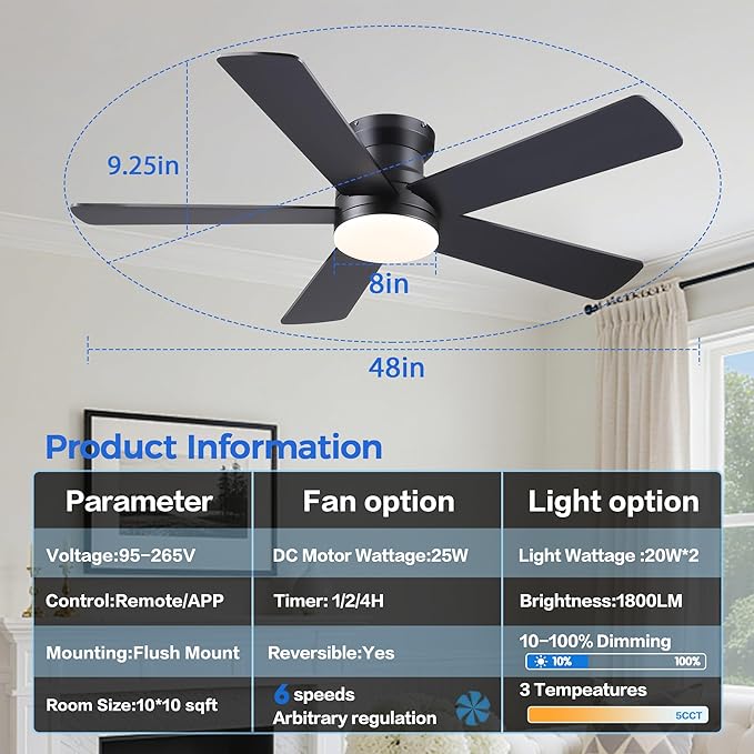 Ceiling Fans with Lights - 48" Black Flush Mount Ceiling Fan Light with 6 Speeds 3CCT Dimmable, Revesible Motor, Low Profile Fan Light for Modern Indoor Bedroom, Kitchen