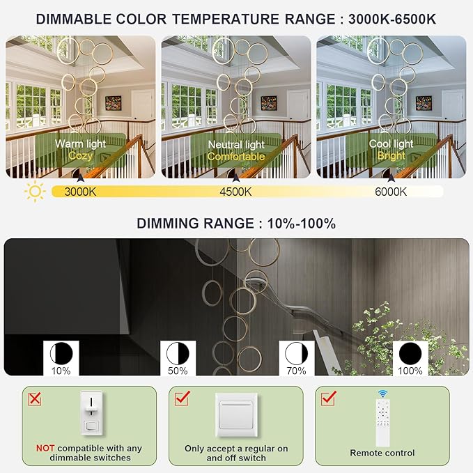 14 Ring High Ceiling Chandelier Foyer, Gold Modern LED Large Staircase Long Chandeliers Light Fixture with Remote for Staircase Entryway Living Room Dining Room(118in, 3000K-6500K)