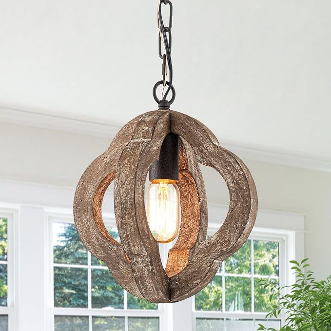 10" Small Farmhouse Wood Oak Pendant Light for Kitchen Island Over Sink | Distressed Oak, Rustic Country Style, Rust-Brown Finish, Orb Shape, E26 1-Light, Ajustable Height