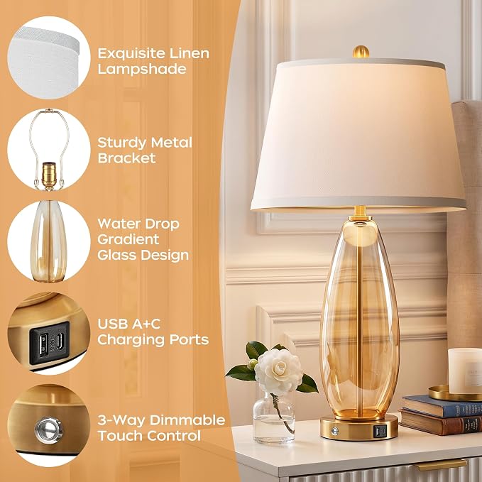 WIHTU 27" Glass Table Lamps for Living Room, Touch Dimming Lamps Set of 2 | Gradient Brown Glass Body, 3-Way Dimming, USB A+C Ports, Included 2 Bulbs,E26 Base,Modern Nightstand Lamp for Bedroom, Office