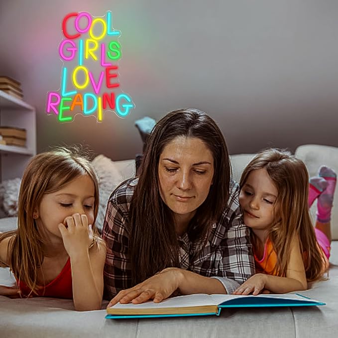 Cool Girls Love Reading Neon Sign USB Powered Reading Book Neon Light for Wall Decor Colorful Letter Light Up Sign for Classroom Reading Room Bookstore Kids Room Library (16.54 * 12.6)