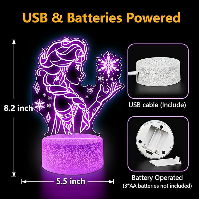 Cute Night Light for Kids, 16 Colors Change Princess Decor Lamp with Remote, Dim for Girls Bedroom 3D Illusion LED Night Lights, Ideal Gifts for Girls Christmas Birthday Party Room Decoration