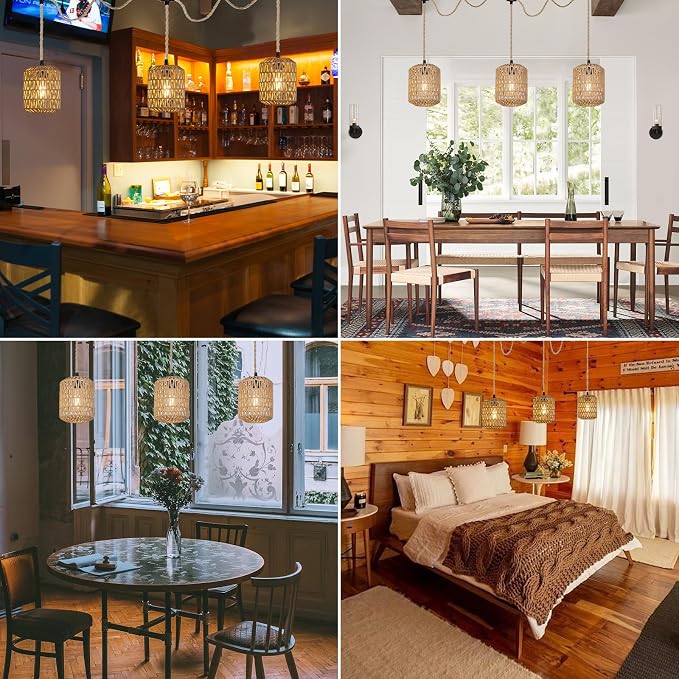 3 Lights Plug in Pendant Light with Cord On/Off Switch Rattan Hanging Lamp with 22ft Hand Woven Wicker Plug in Chandelier Boho Hanging Lights Fixture for Bedroom Kitchen Hallway Foyer