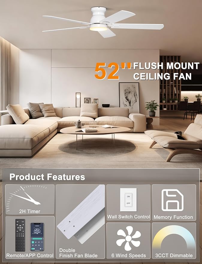 Ohniyou 52'' Low Profile Ceiling Fan with Lights, Remote/APP Control, White | Flush Mount, Dimmable 3CCT LED, Quiet Reversible DC Motor; Memory Function, 5475 CFM, for Bedroom Living Room Kitchen