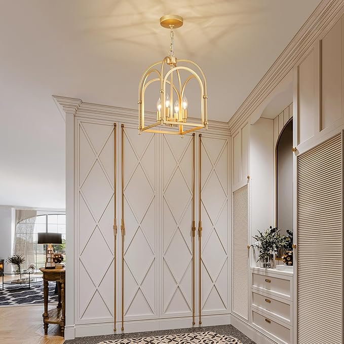 4-Light Gold Chandelier, Modern Farmhouse Lantern Chandelier with Rustic Cage Hanging Pendant Light Fixture for Kitchen Island Bedroom Living Room Entryway Foyer, Dining Room Light Fixtures Over Table