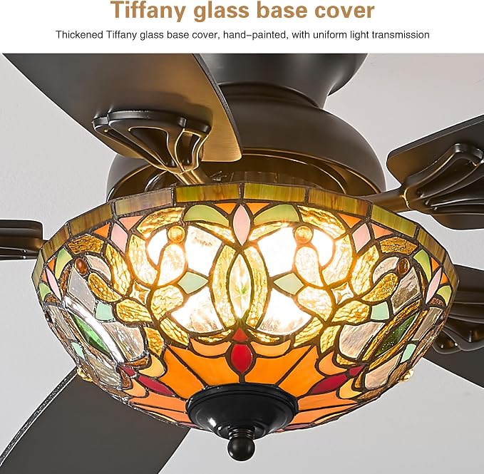 Ceiling Fans with Lights-52 Ceiling Fan Chandelier and Glass Shade | 52" Ceiling Fan Chandelier with 5 Dual-Blades and Glass Shade, 6 Speeds and Reversible, Indoor and Outdoor, Retro Style