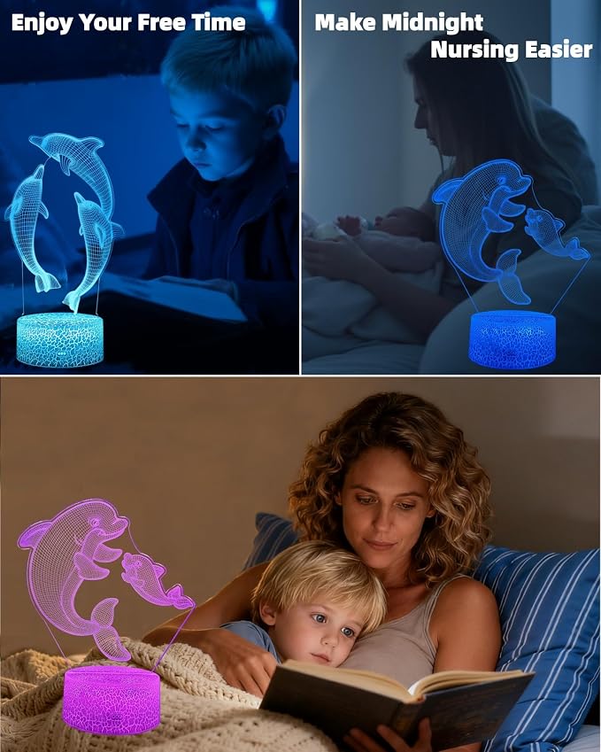 Dolphin 3D Illusion Night Light, Sea Animal Gift, 2 Patterns | 16 Colors Changing, Dimmable, Touch & Remote Control, Birthday Christmas Gift Lamp Toy for Boy Girl Toddler Kid Women